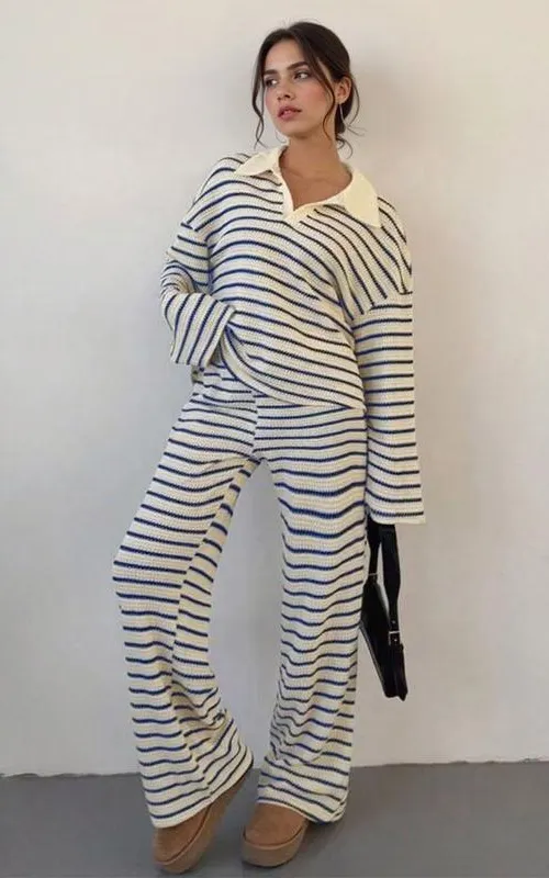 Women's casual color-block striped two-piece set