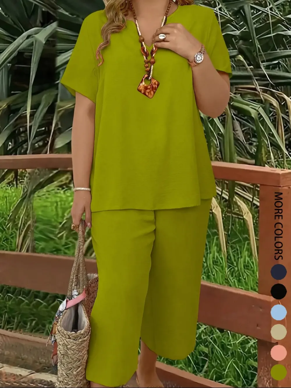 Elegant Plus-Size Women's Set: Solid-Color Short-Sleeve Fashion Top & Casual Wide-Leg Pants