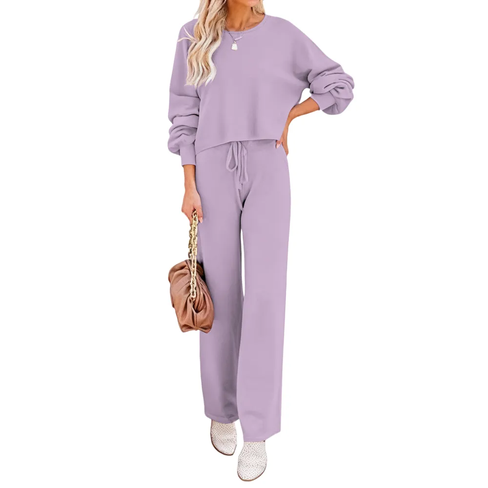 Womens Fall Winter Casual Solid Knitted 2 Piece Sets Long Sleeve Hoodie