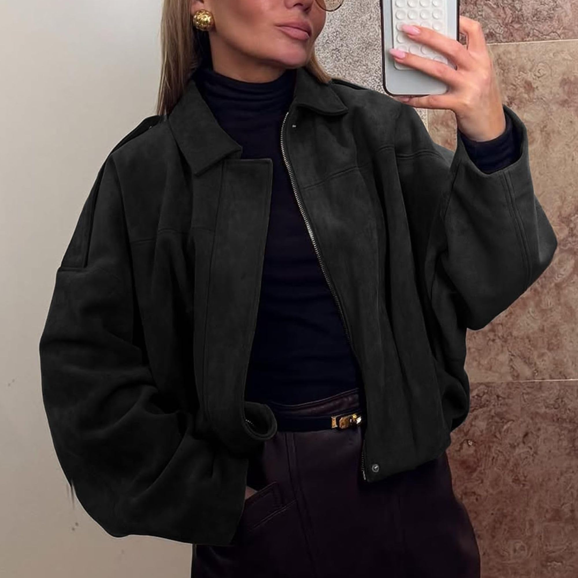 Xunger Women's Faux Suede Bomber Jacket Spring Lapel Pilot Coat Casual Oversized Long Sleeves Trendy Streetwear Outerwear