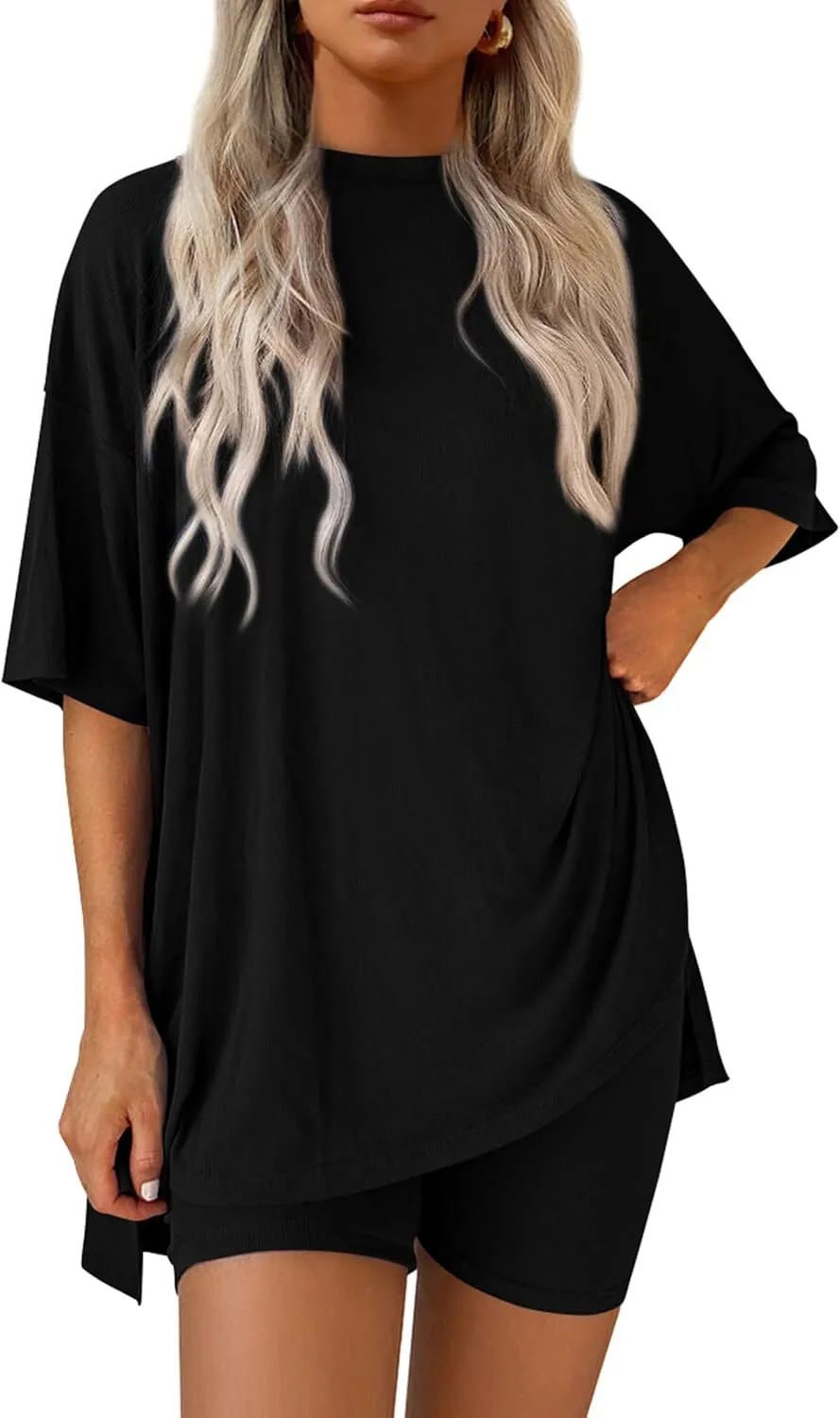 Special Sale❤️Women's Two Piece Lounge Set 2026 Summer Casual Oversized Shirts  Biker Shorts Matching Airport Travel Outfit