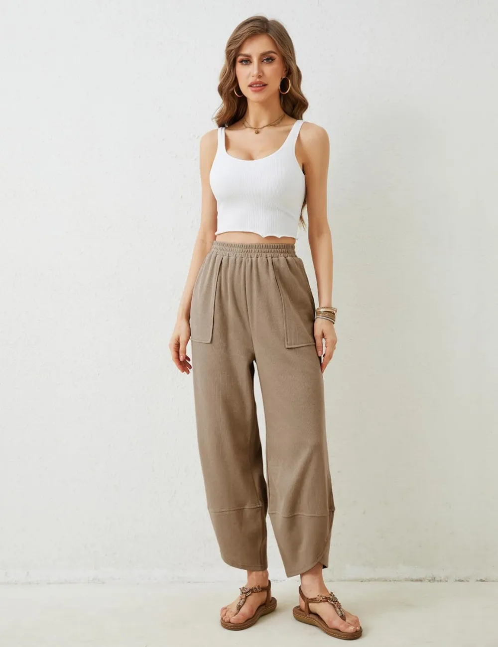 Women's Wide Leg Harem Pants Casual Palazzo Pants with Pockets High Waist Relaxed Fit