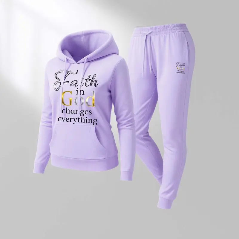 Women'S God Letter Print Hoodie And Drawstring Track Pants Set
