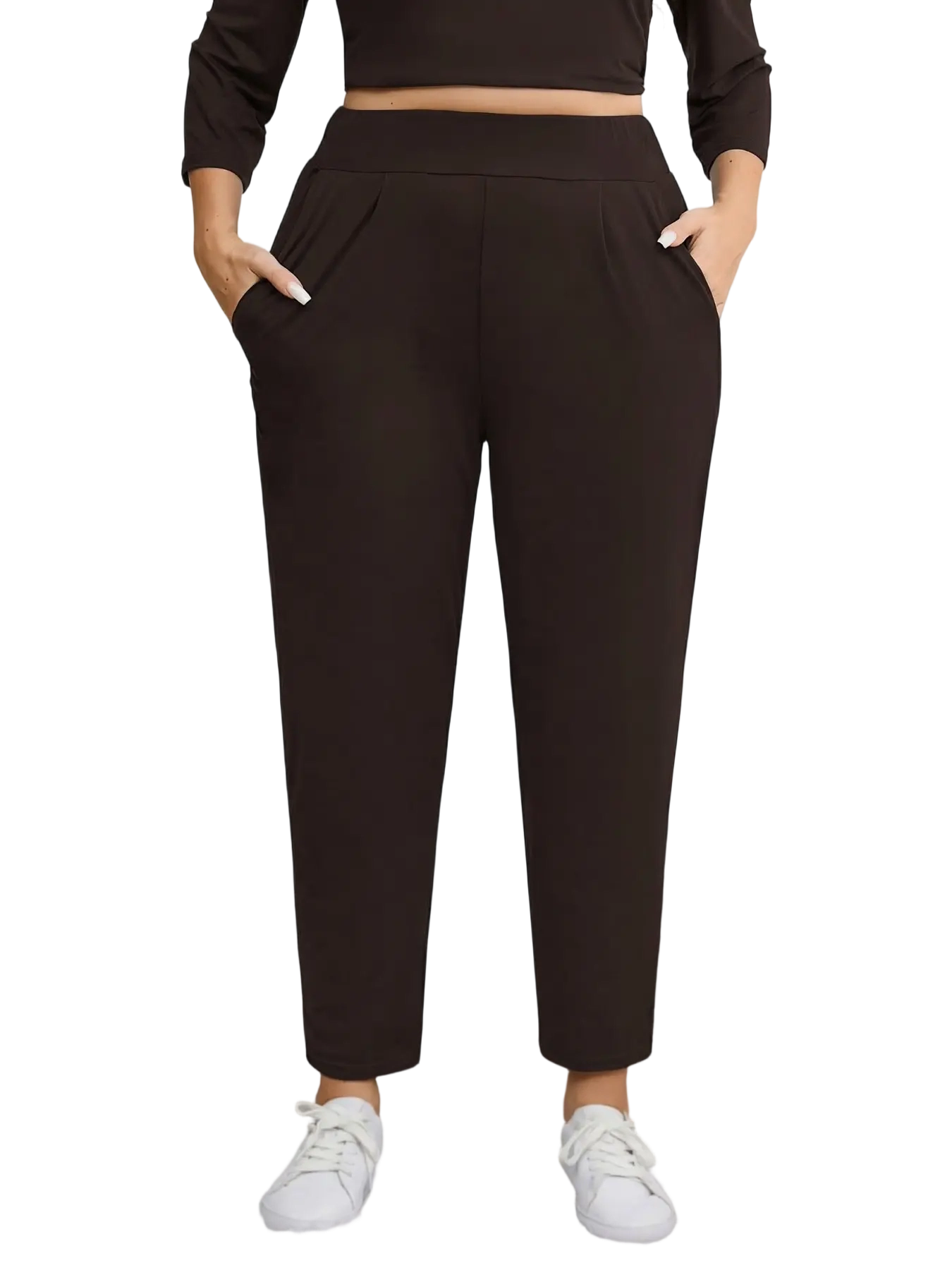 Women Plus Size Solid Plicated Pocket Elastic Waist Joggers