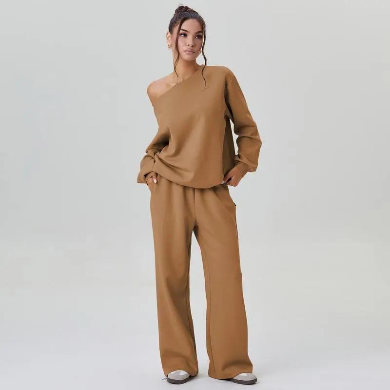 🔥Last Day 89% OFF🔥Women's Leisure Solid Color Sloping Shoulder Long Sleeve Top & Wide Leg Trousers Set