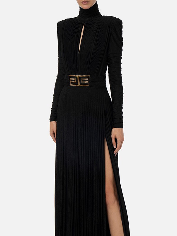 Long Sleeves Pleated Solid Color Split-Side V-Back High-Neck Evening Dresses Maxi Dresses