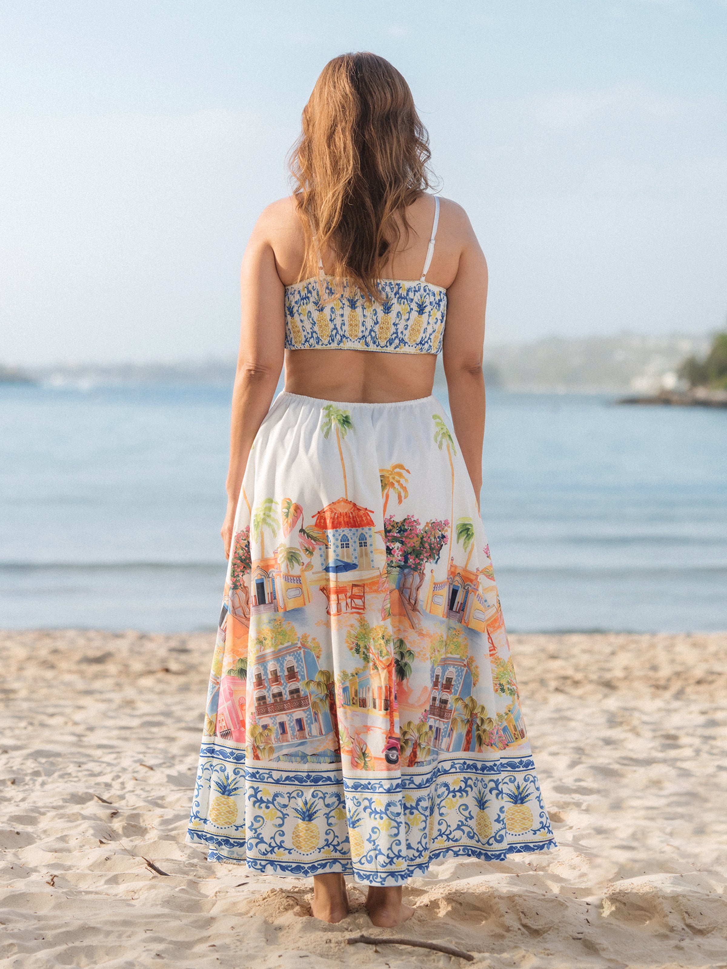 Family Matching Vacation Set Tropical Pineapple Coconut Tree Print Short-sleeve T-shirt or Hollow out Strap Dress for Summer Vacation  White