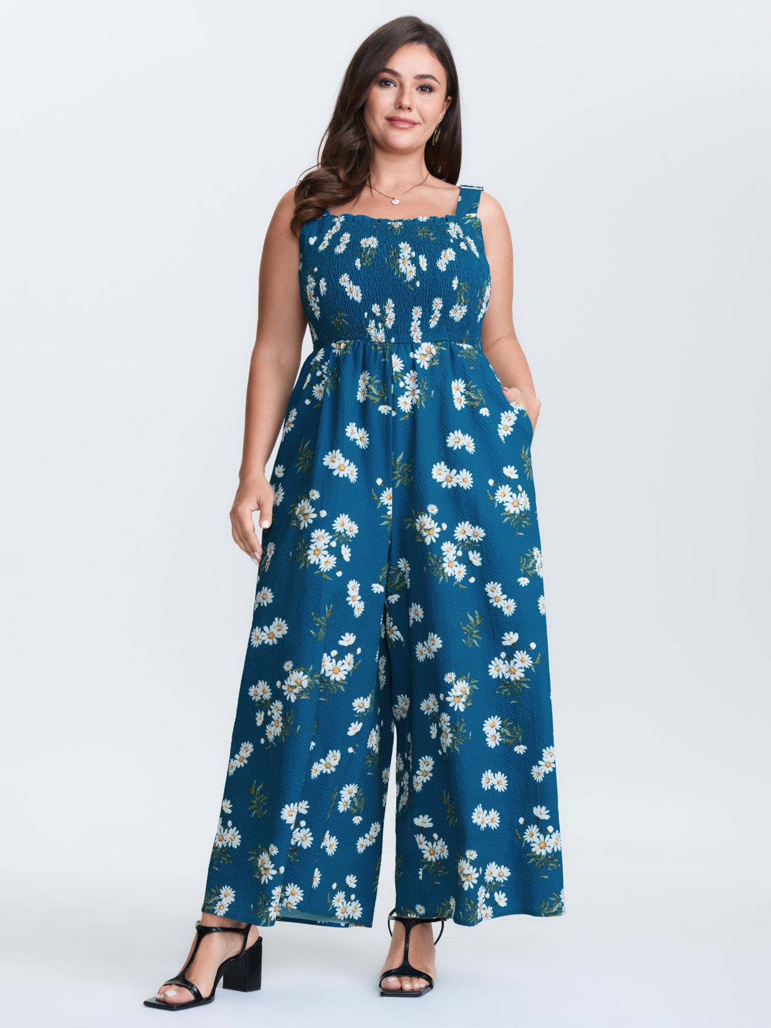 Stretchy Shirred Waist Floral Jumpsuit
