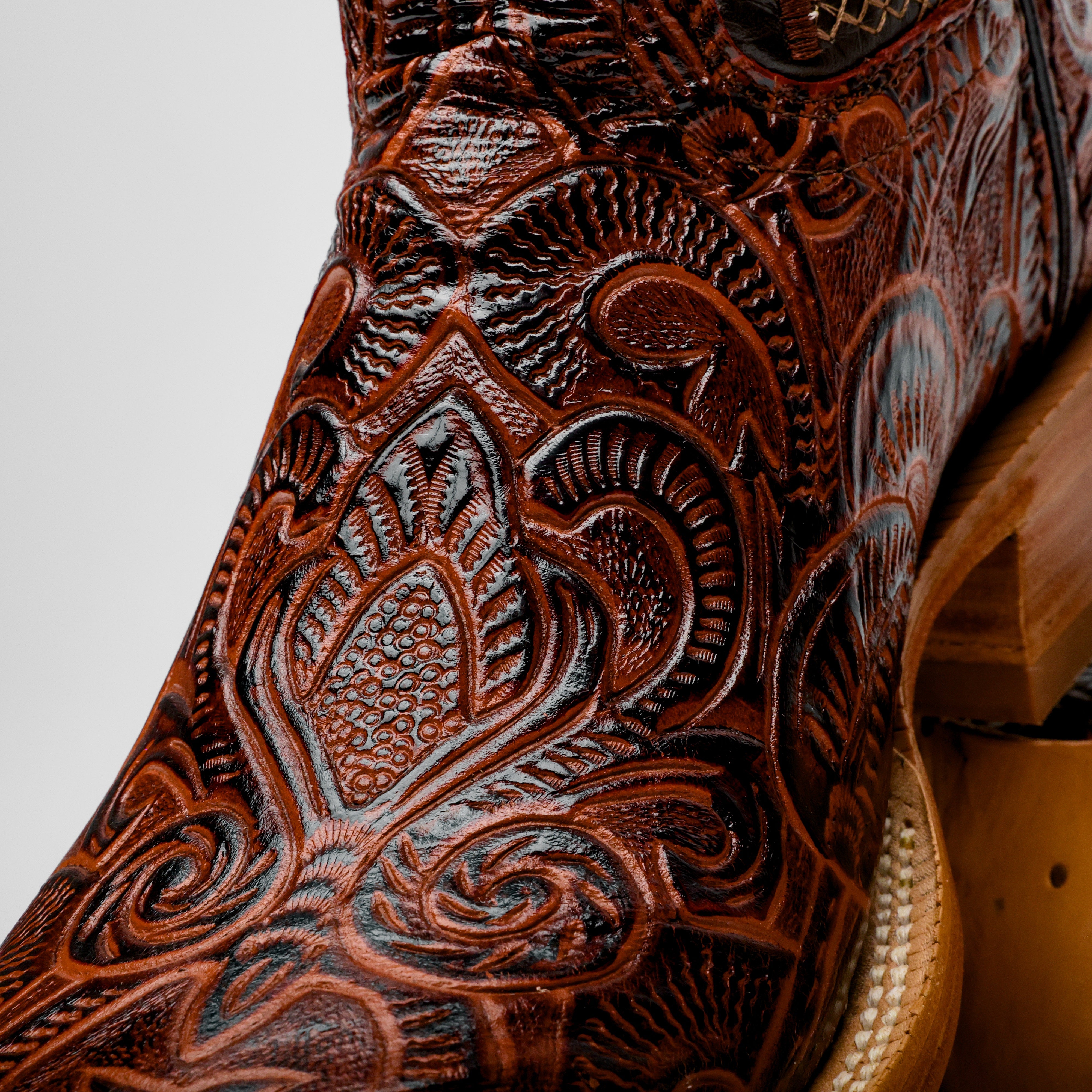 Cognac Hand-Tooled Boots - Square Toe