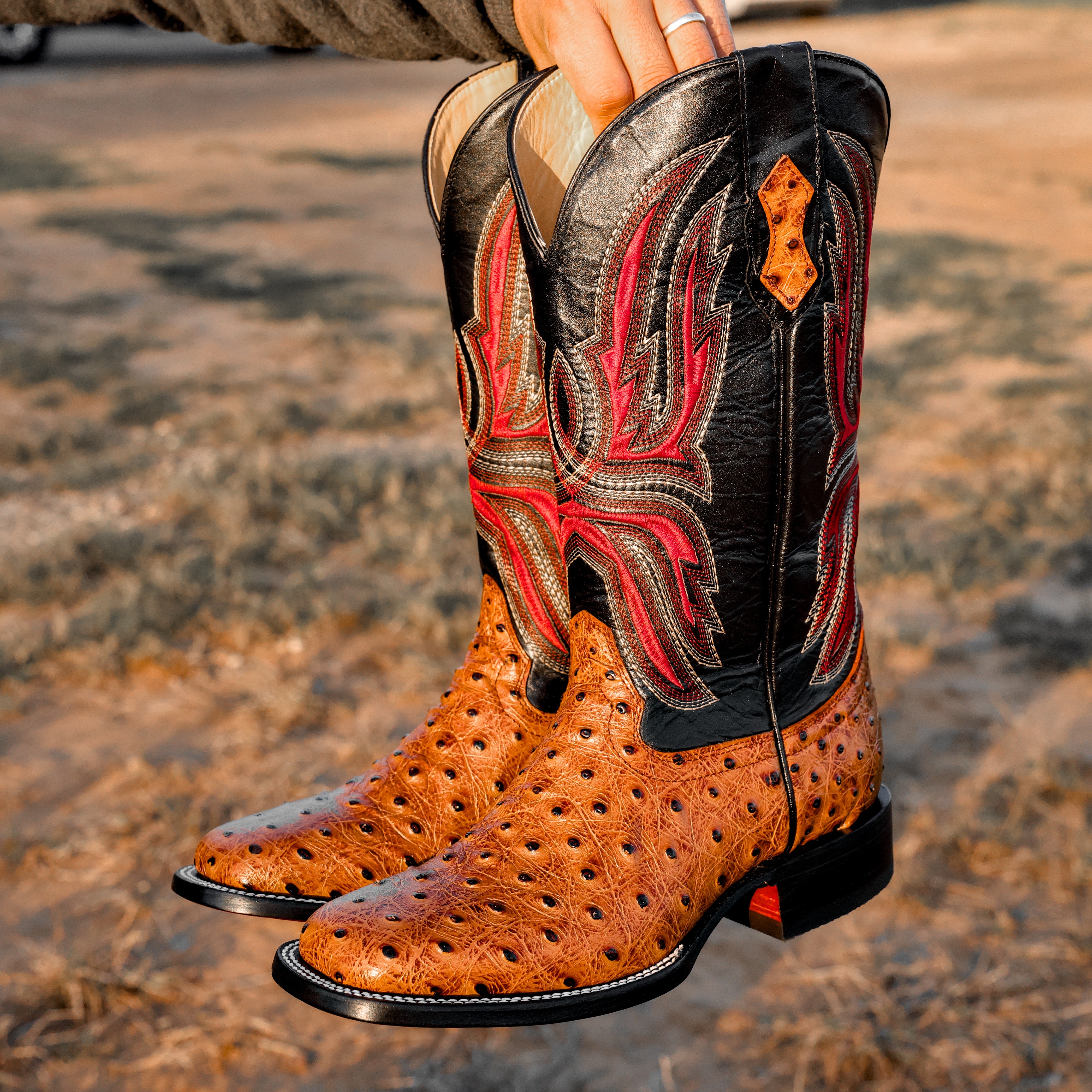 Distressed Cognac Ostrich Leather Boots - Square Toe