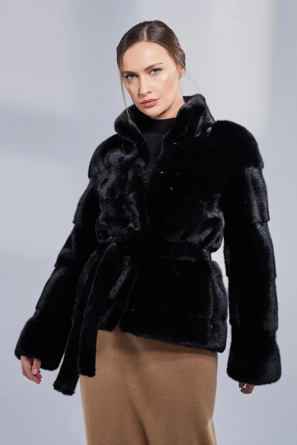 Haină din Blană Naturală de Vizon, cu Cordon, Femei, Obsidian 191