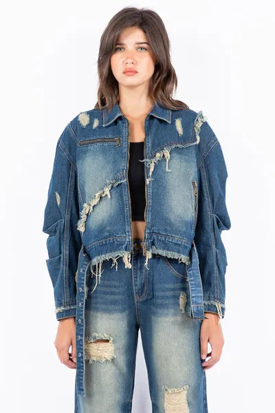 American Bazi Full Size Distressed Frayed Edge Zip Up Denim Jacket