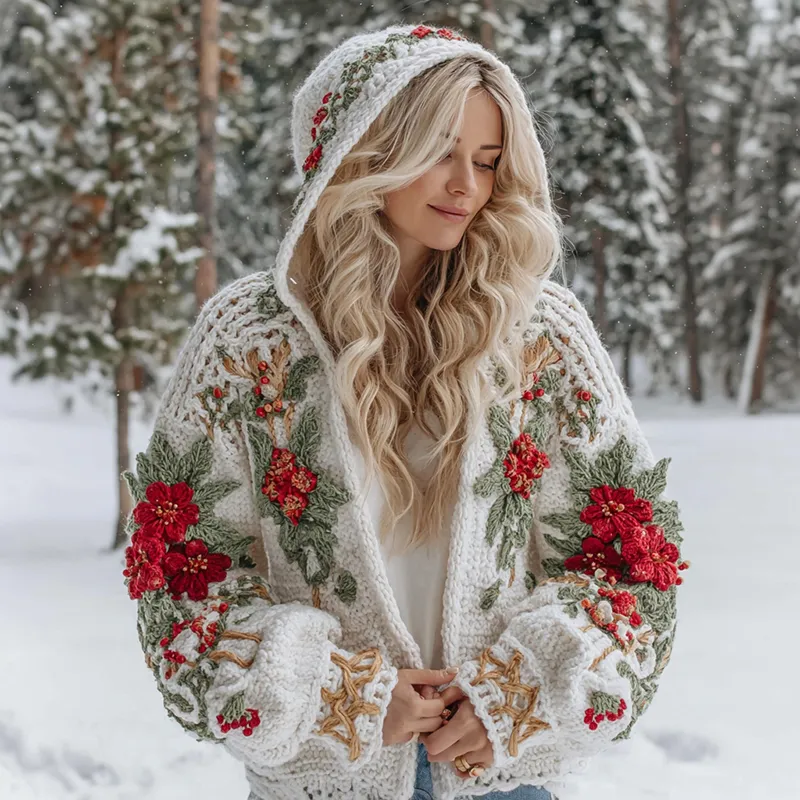Women's Christmas Flower Celtic Knot Jacquard Button Chunky Hooded Sweater