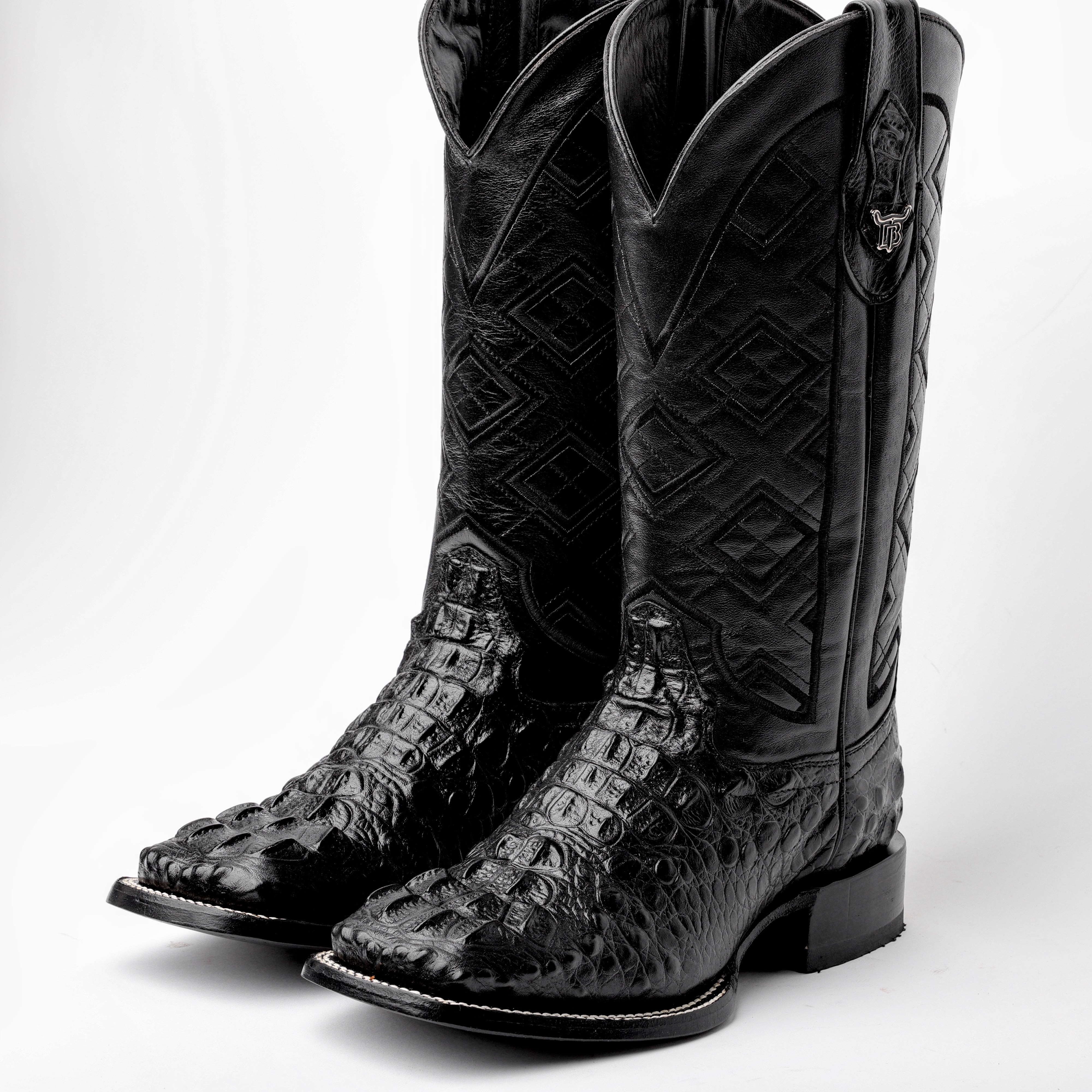TOTAL BLACK Caiman Neck Leather Boots - Square Toe