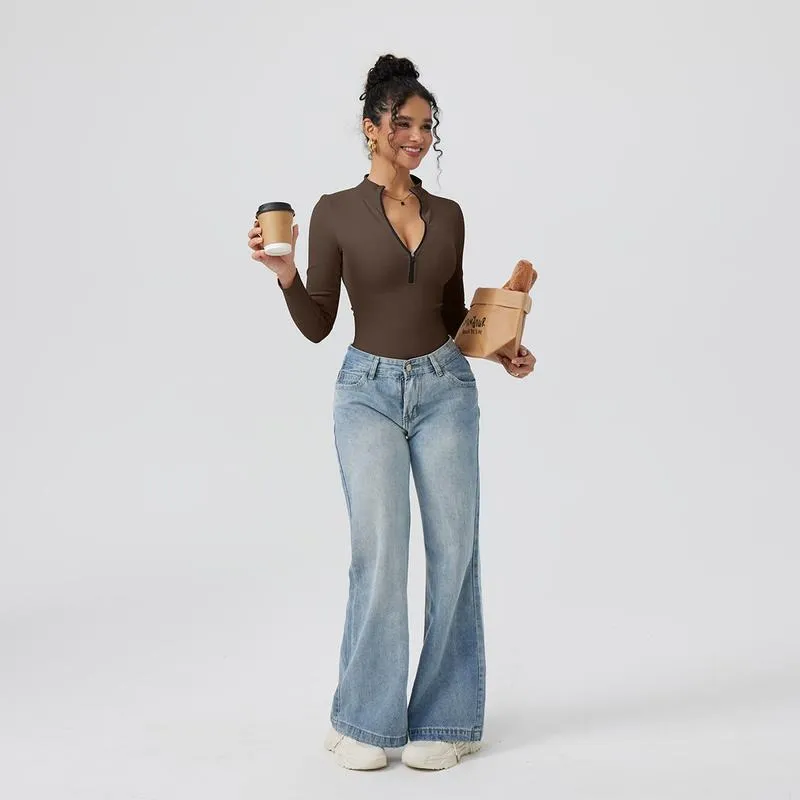 Women's 2 Piece Bodysuits Sexy Ribbed One Piece Zip Front Long Sleeve Tops Bodysuits