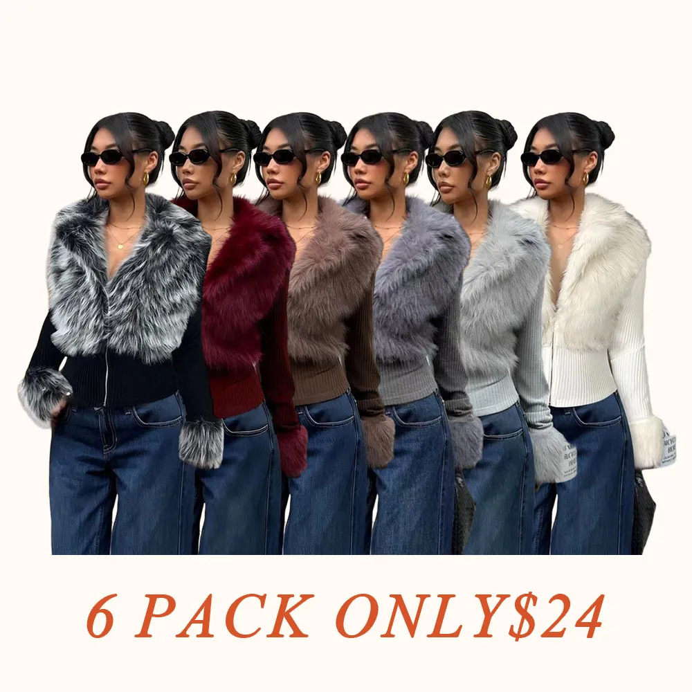 Women's Fashion Street Style Patchwork Knit Faux Fur Jacket
