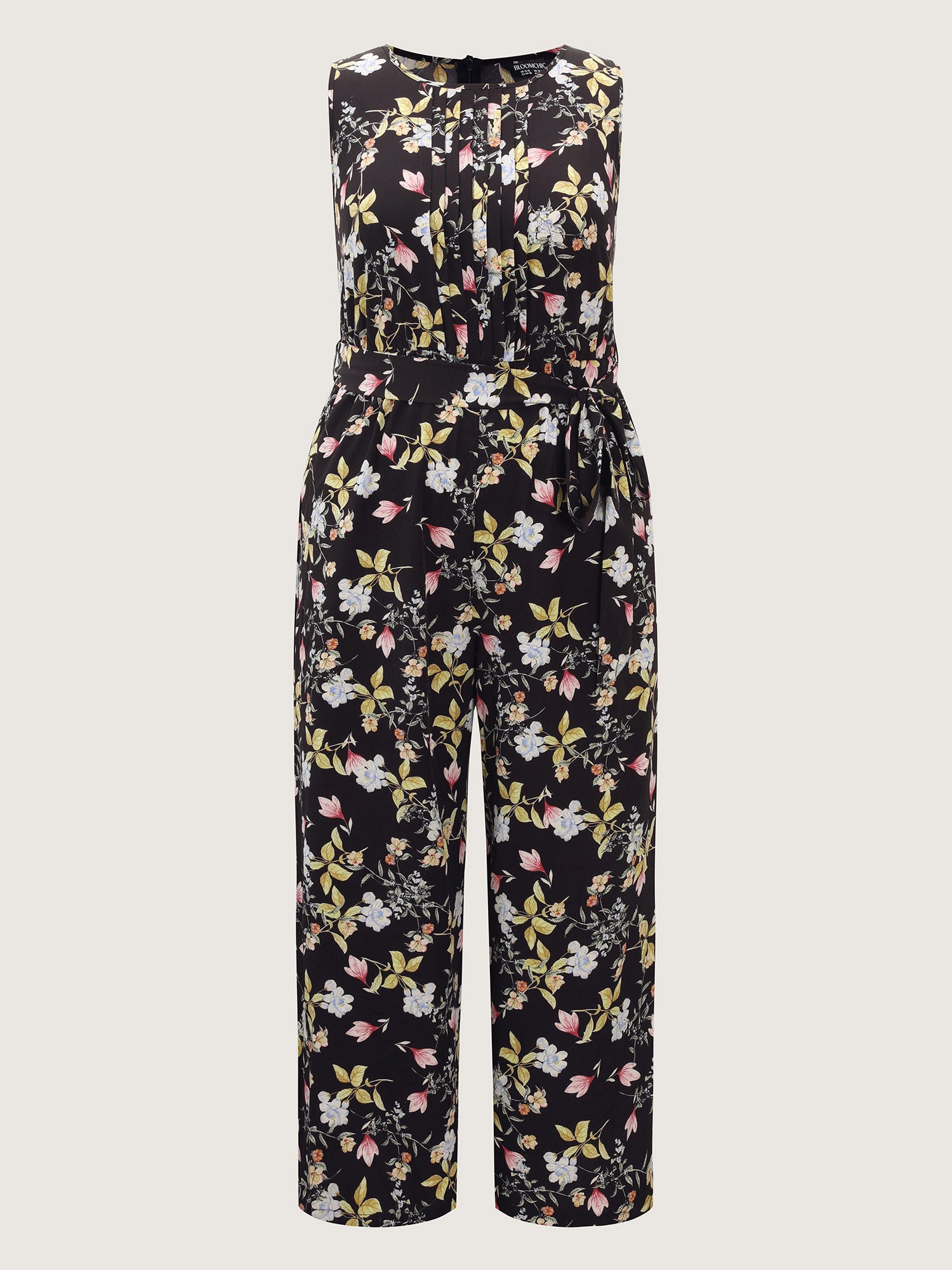 Floral Print Belted Plicated Detail Jumpsuit