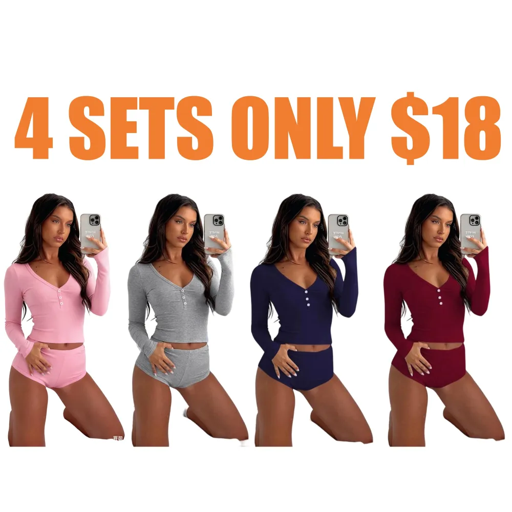 Women's Solid Long Sleeve Crop Top & High Waist Shorts Set