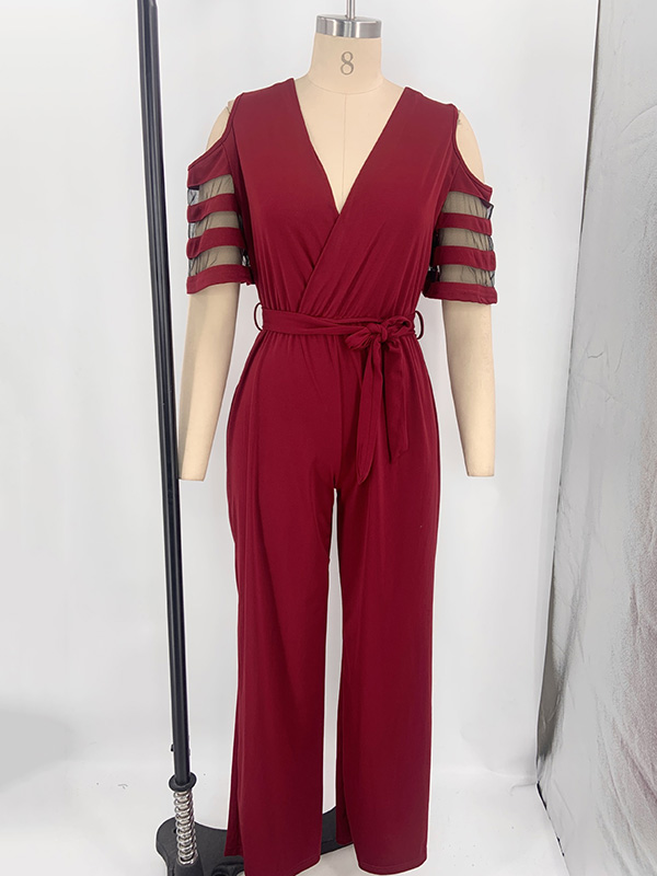Hollow Mesh Solid Color Tied Waist High Waisted Loose V-Neck Jumpsuits