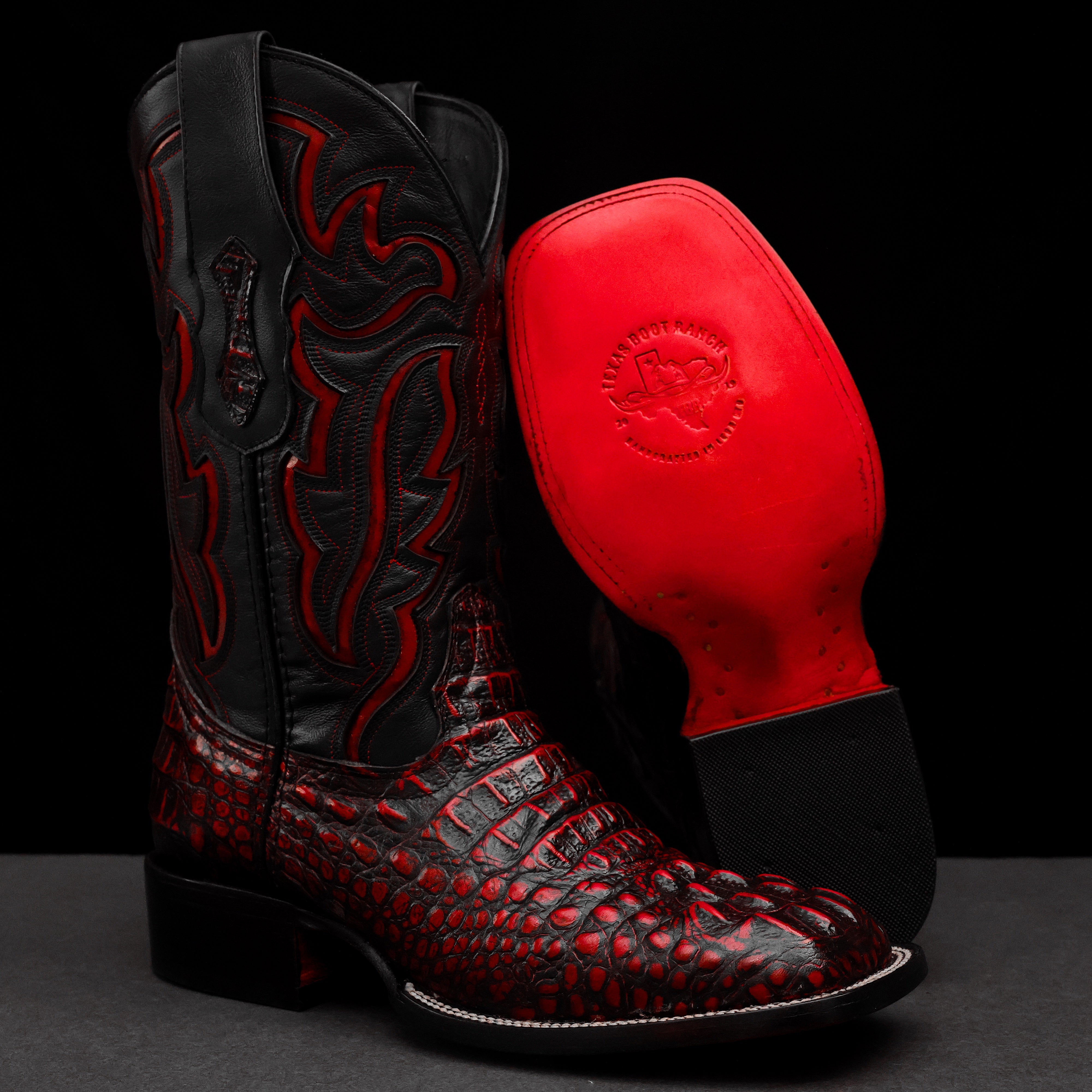 Black/Red Caiman Neck Leather Boots - Square Toe