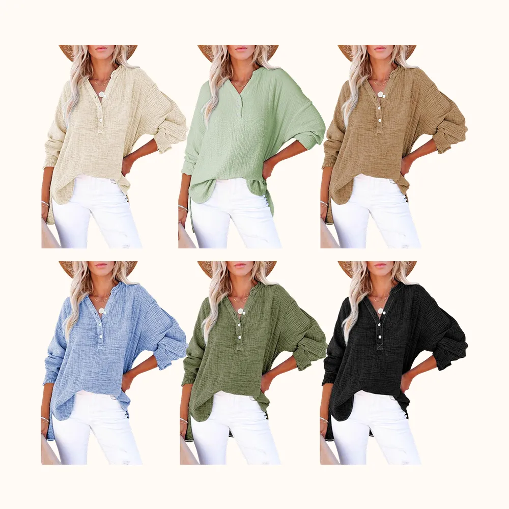 Women's Casual Button V Neck Long Sleeve Shirts Oversized Solid Blouses Tops
