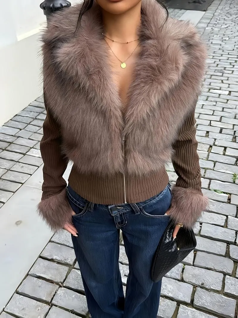 Women's Fashion Street Style Patchwork Knit Faux Fur Jacket