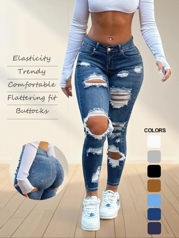 Women's High Waist Ripped Skinny Jeans with Butt Lifting Design, Elastic Denim for Valentine's Day Fashion
