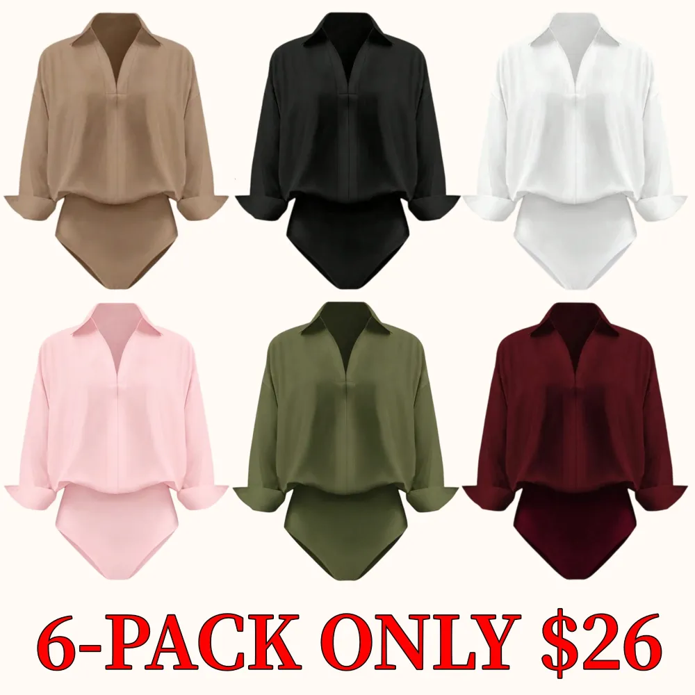 Women's casual loose-fitting V-neck long-sleeved shirt jumpsuit, made from elegant woven fabric