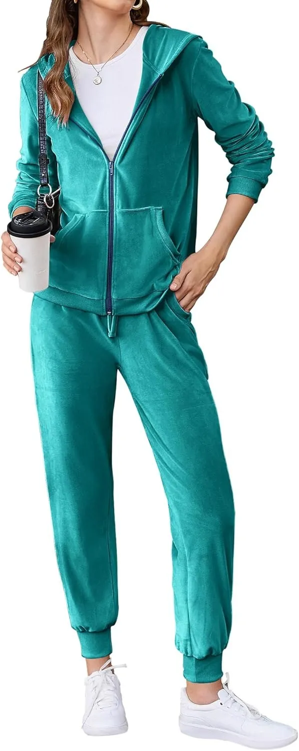 Women's Casual Velour Tracksuit Set Full Zipper Hoodie