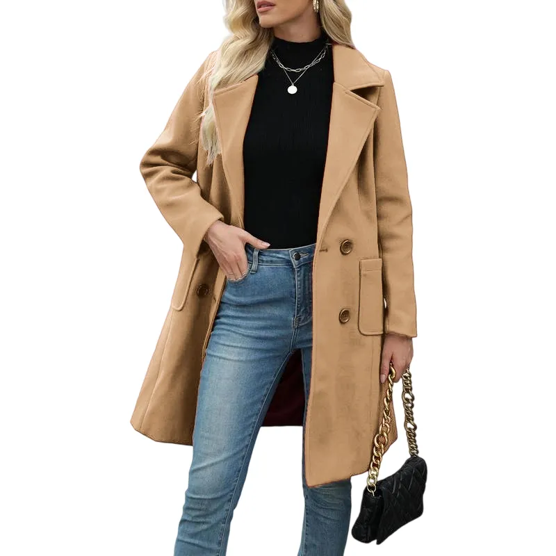 Women Winter Wool Blend Camel Mid-Long Coat
