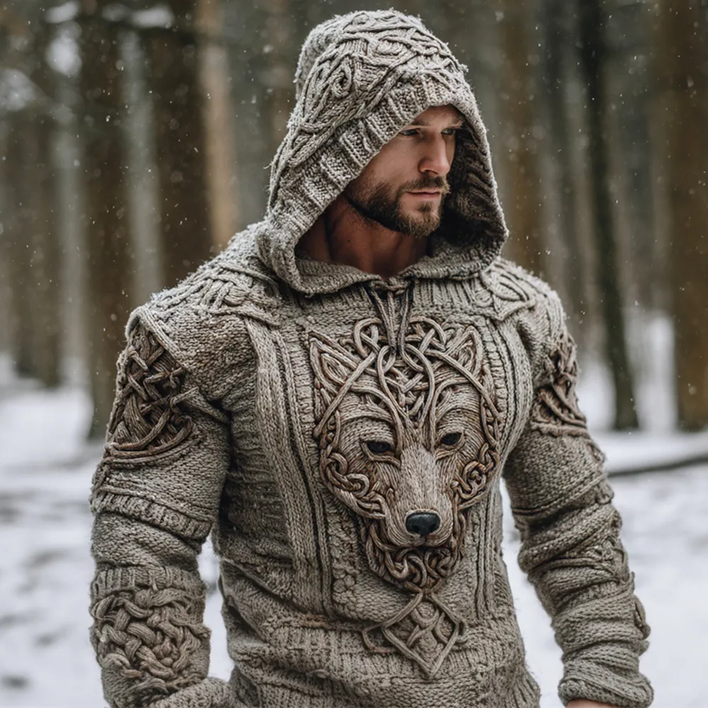 Vintage Viking Wolf Head Men's Chunky Knit Hooded Sweater
