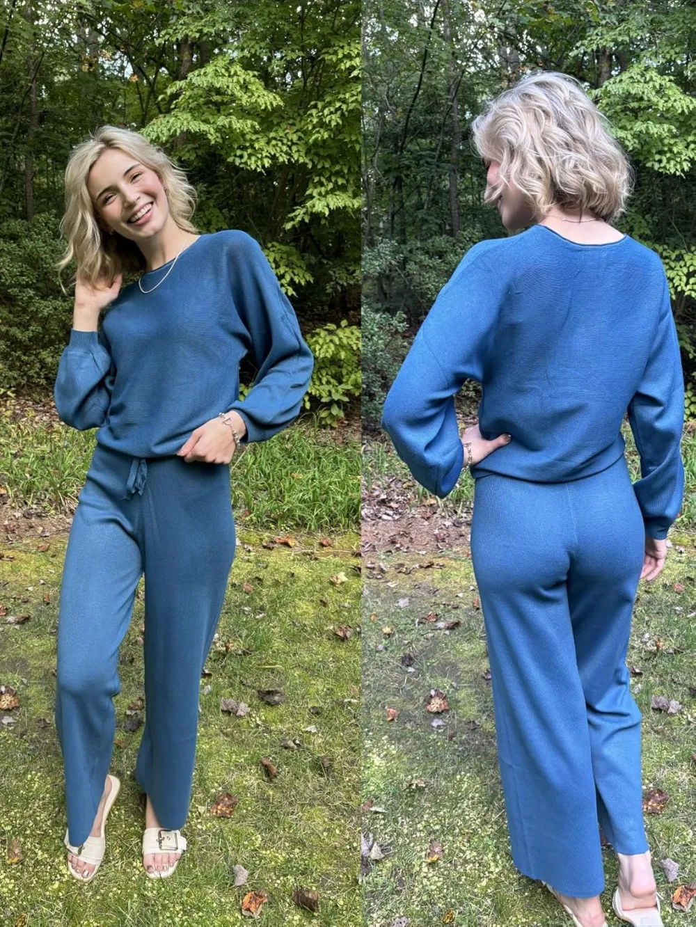 Womens Fall Winter Casual Solid Knitted 2 Piece Sets Long Sleeve Hoodie