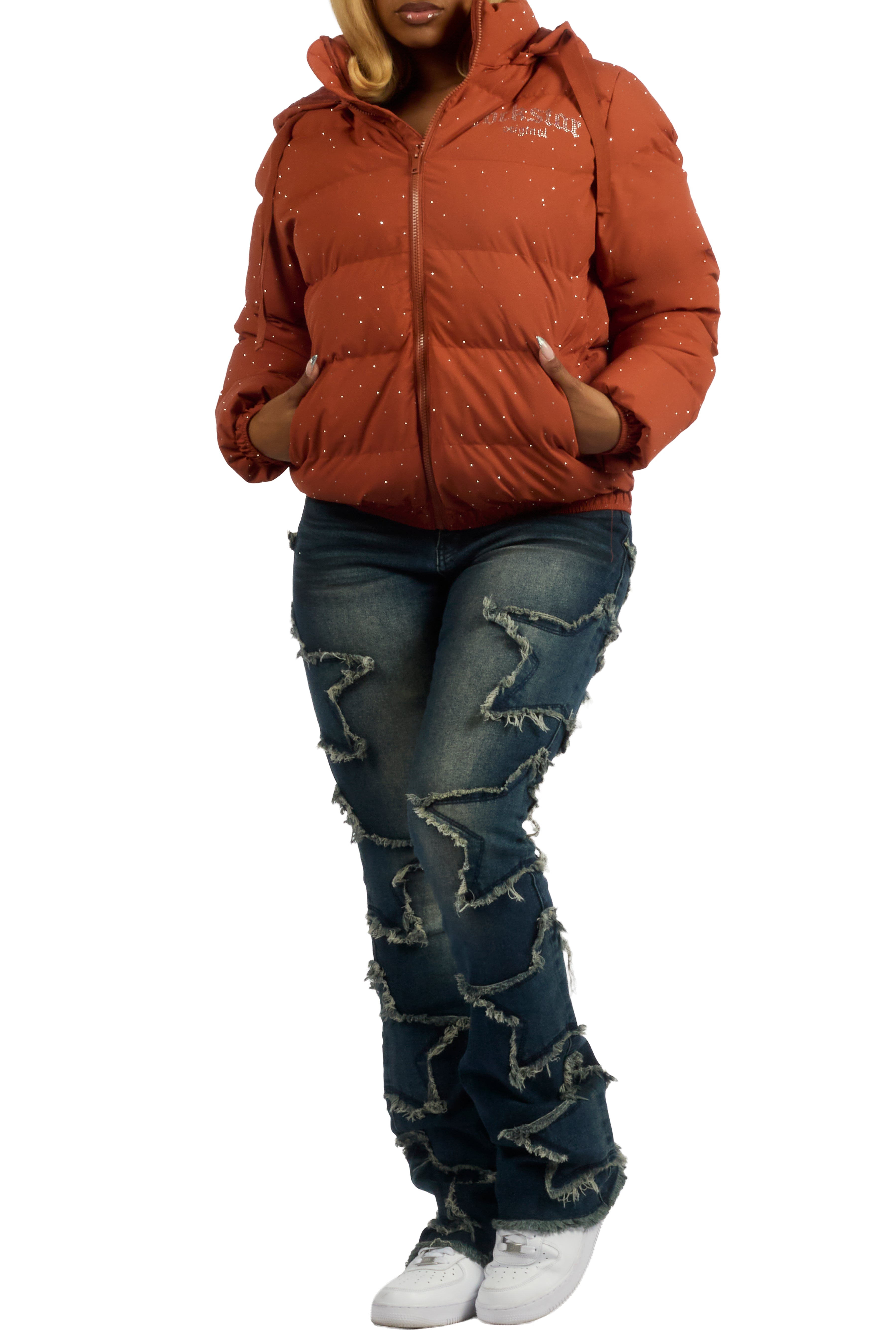 Onellia Mocha Rhinestone Puffer Jacket