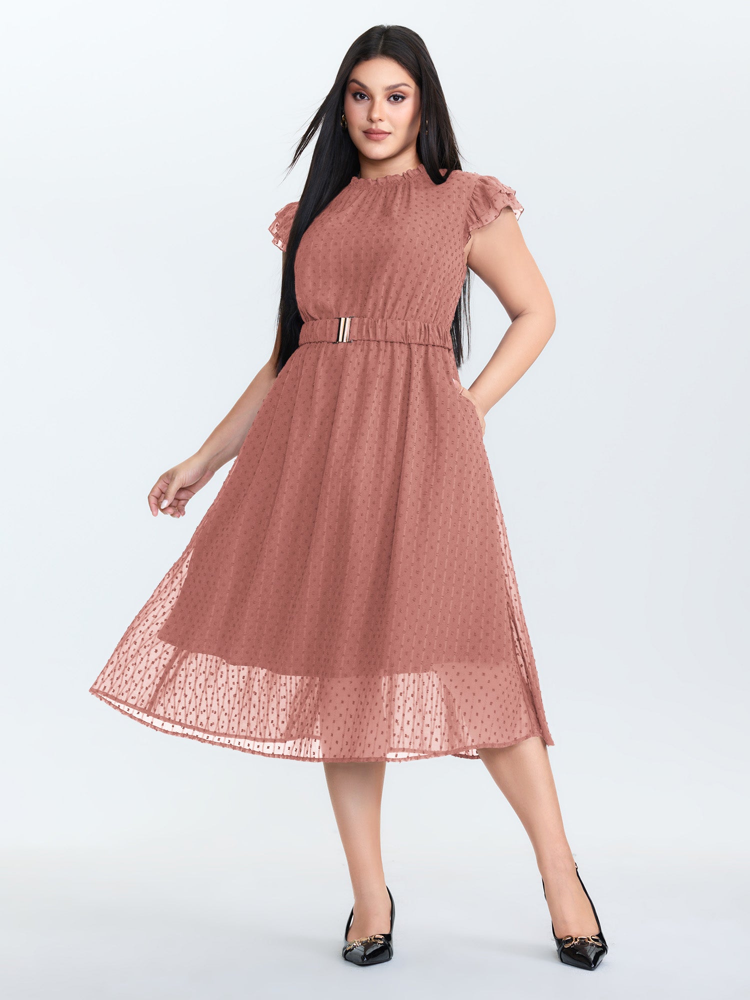 Textured Sheer Ruffled Mock Neckline Midi Dress