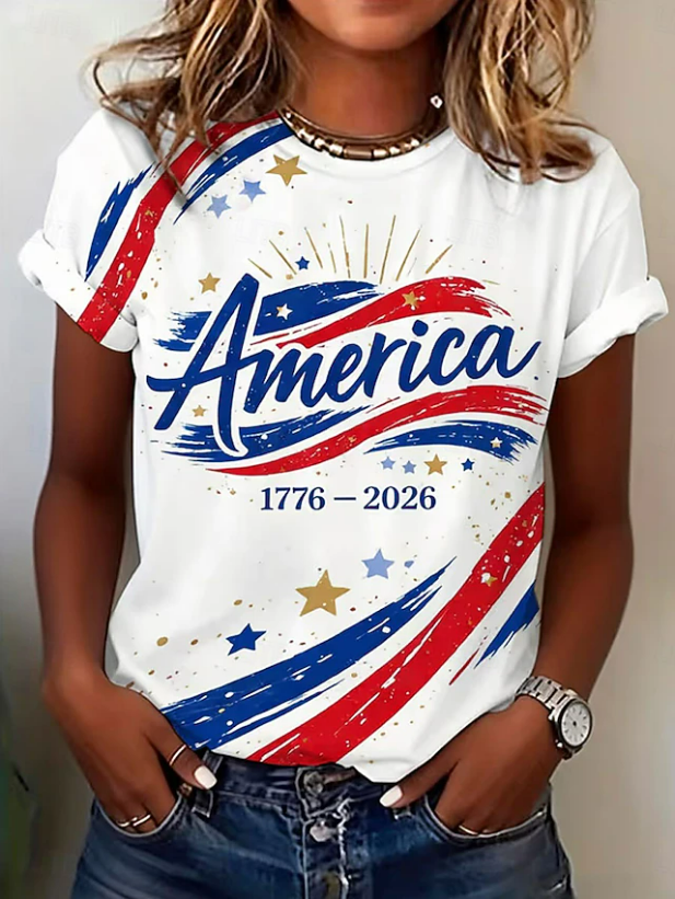 Women's Short Sleeve T-shirt Summer White Independence Day (Flag) Printing Jersey Crew Neck Daily Going Out Casual Top