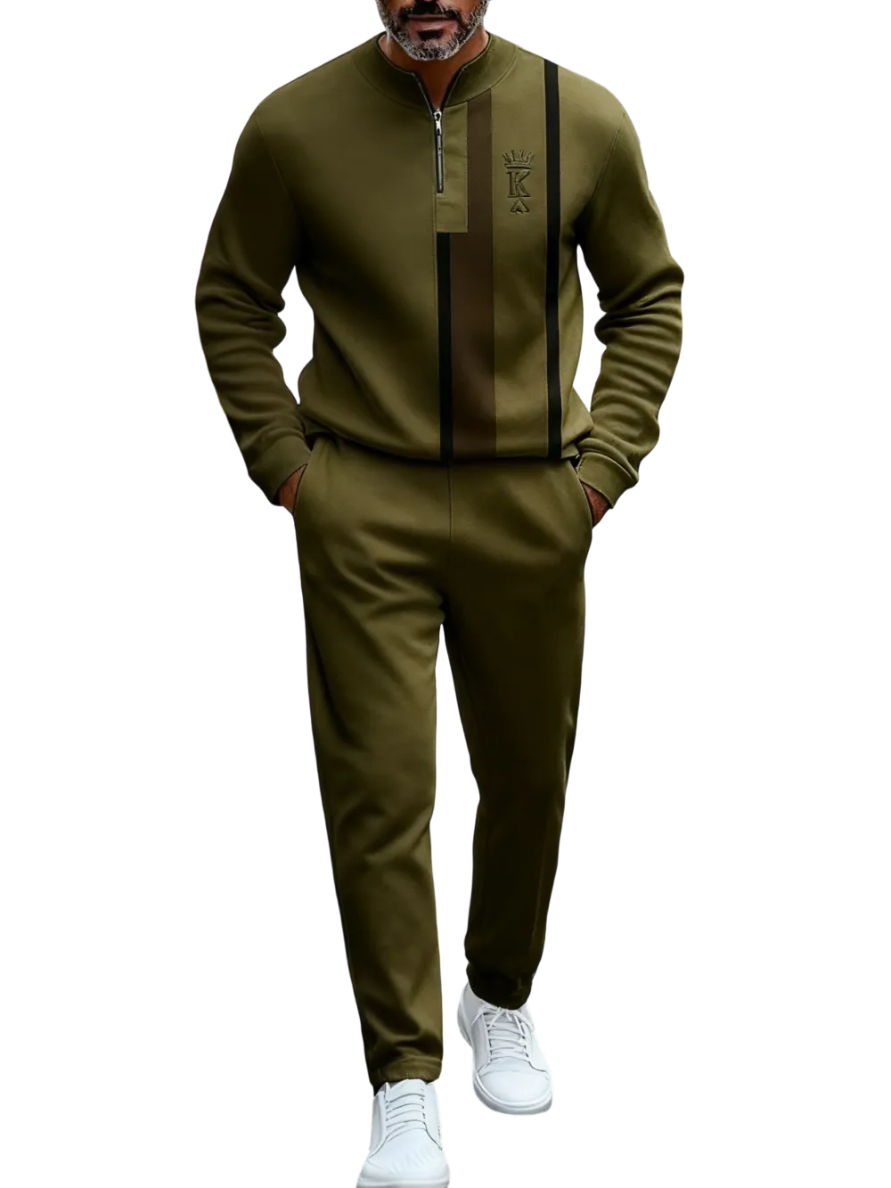 Men's Fashion New Retro Beige & Brown Block Semi-Cardigan Set