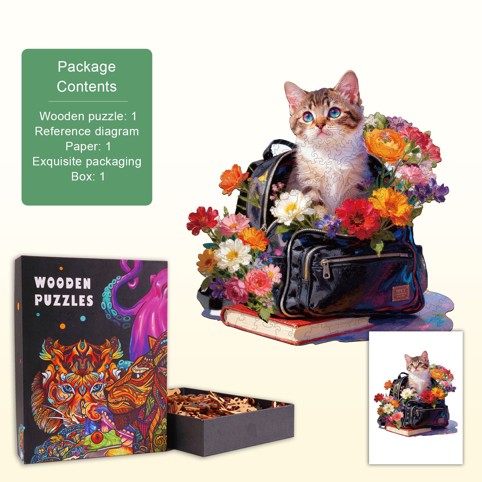 Flower Bag Cat Wooden Jigsaw Puzzle