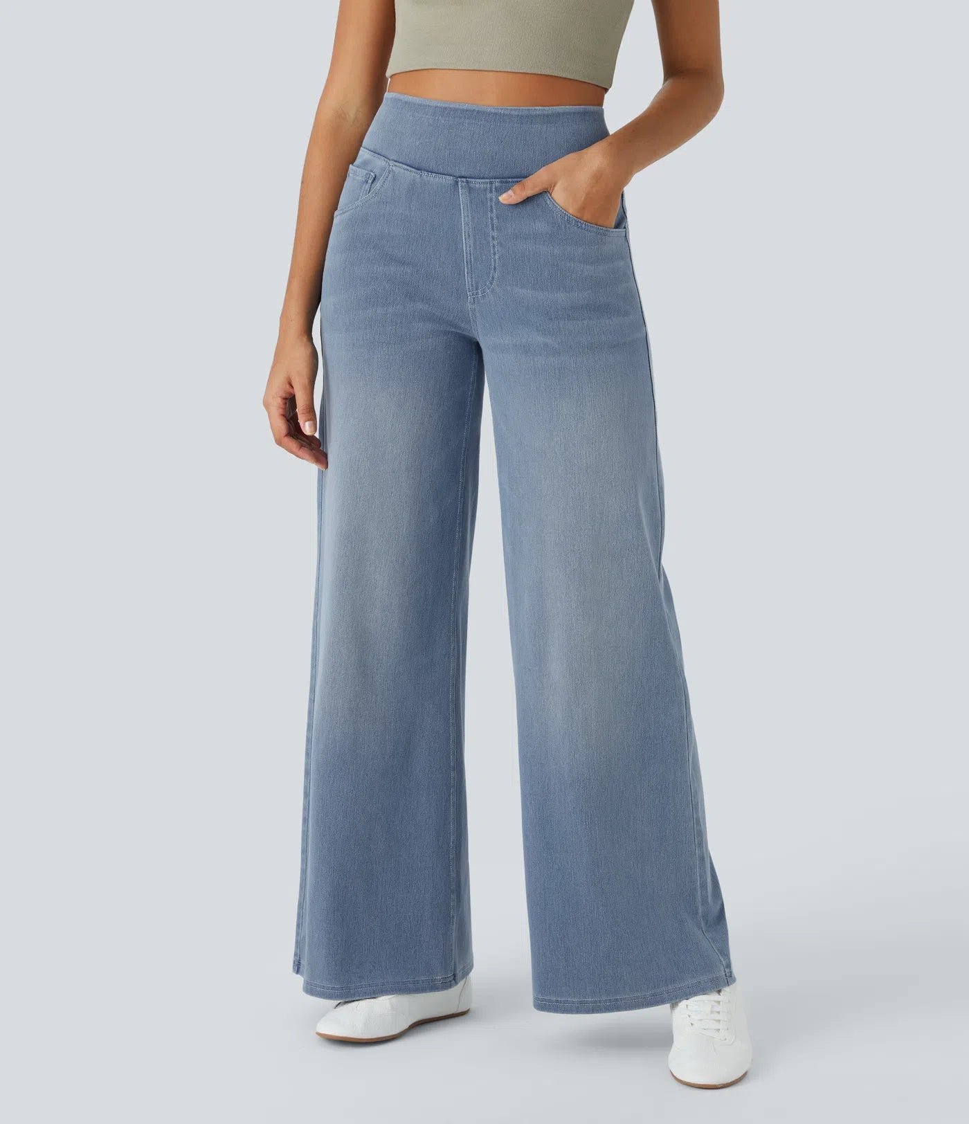 High Waisted Pockets Baggy Wide Leg Washed Casual Jeans