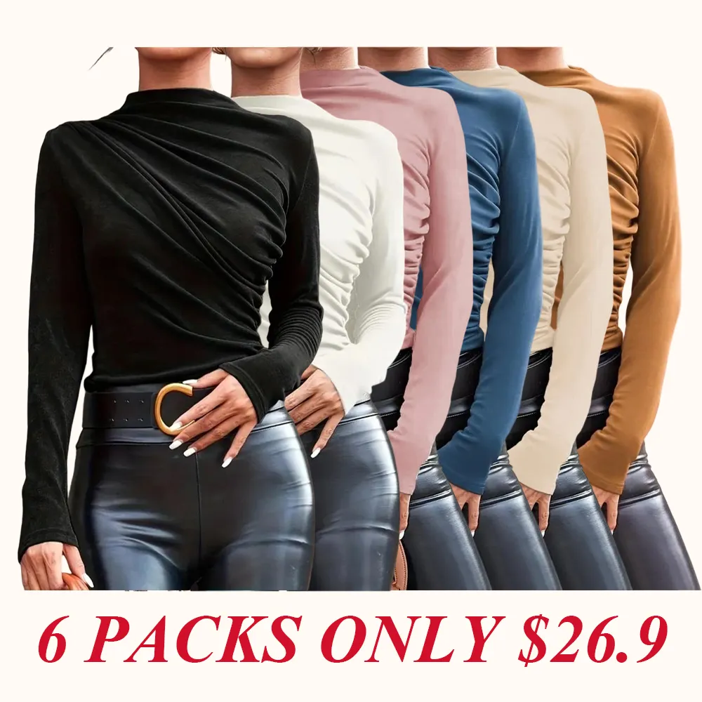 Women's solid color pleated turtleneck T-shirt