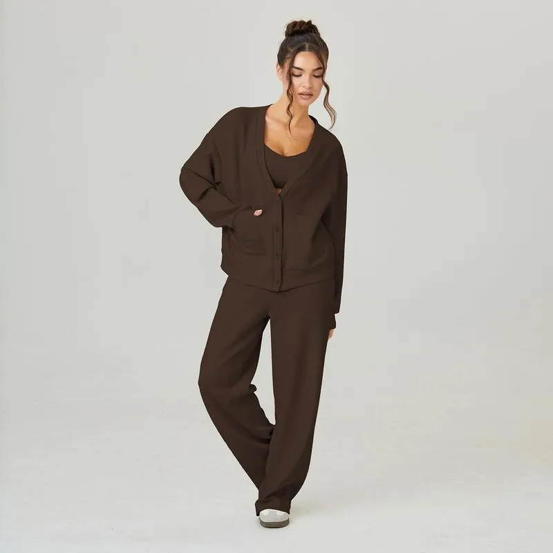 Women's Slouchy Solid Color V Neck Long Sleeve Button Cardigan & Drawstring Waist Trousers Co-ord