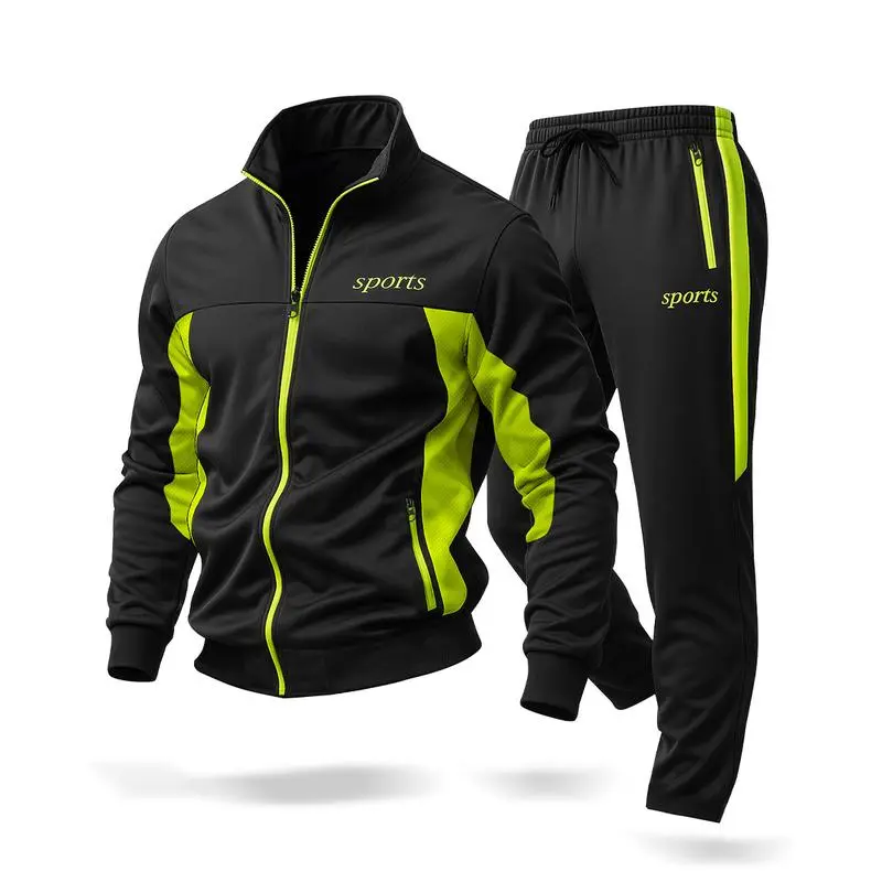 Men's casual stand-up collar jacket paired with sweatpants, breathable and comfortable.