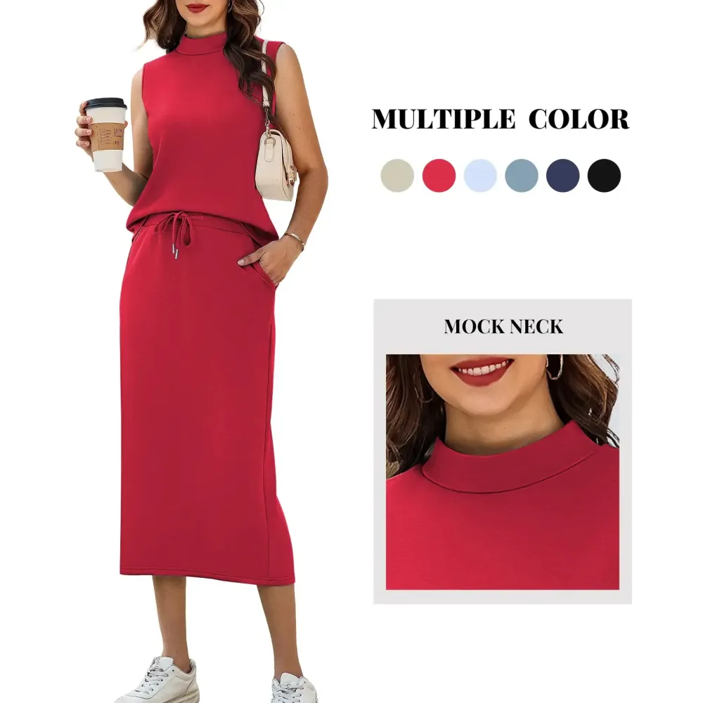 Women's Two Piece Sets Summer Outfits Cap Sleeve Top Drawstring Midi Skirts