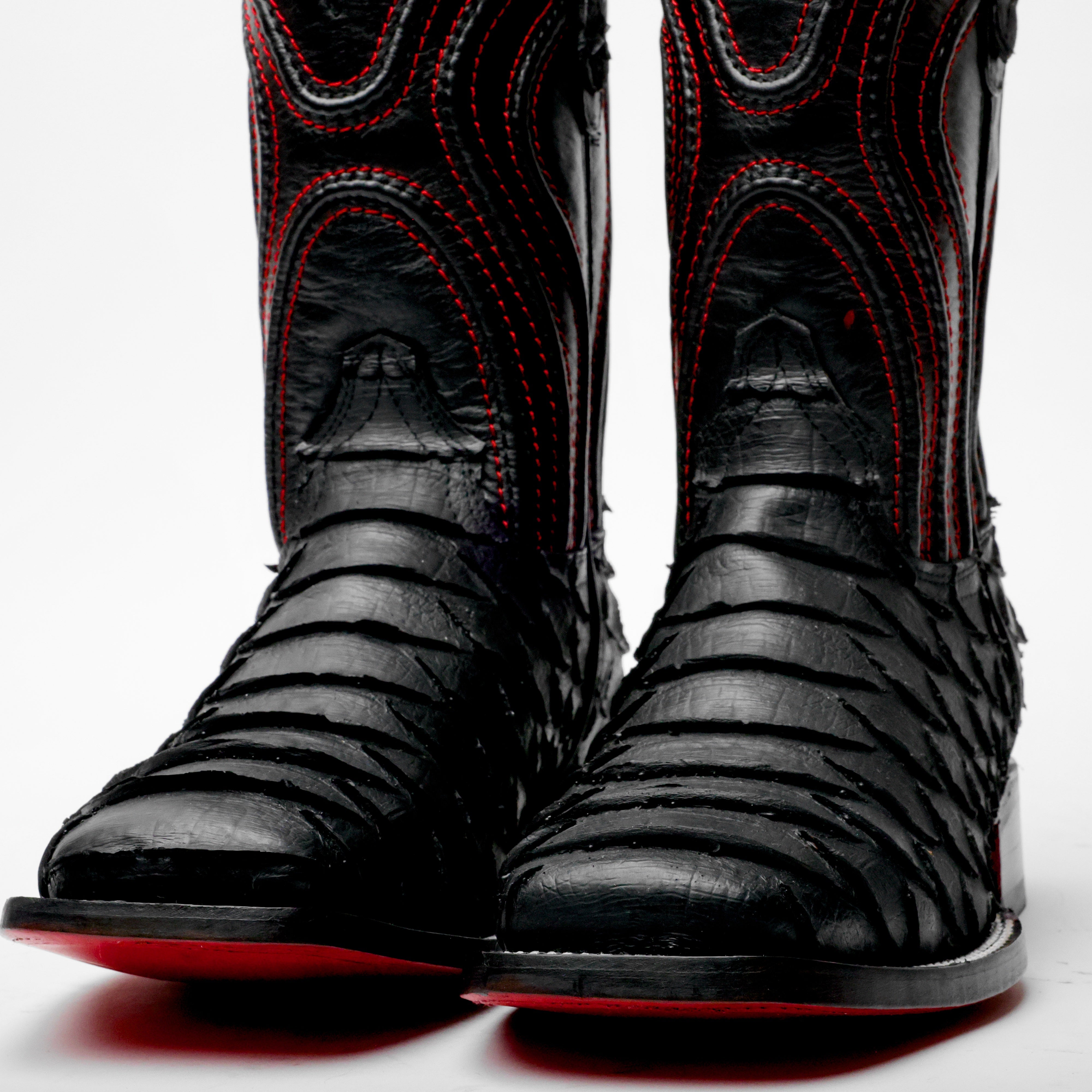 Matte Black Jumbo Python Leather Boots - Square Toe