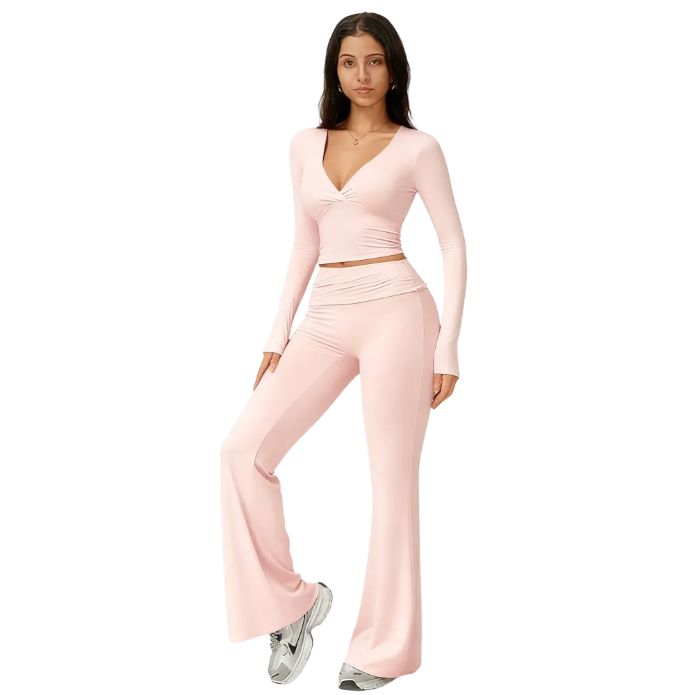 Elegant Casual V-Neck Long Sleeve Basic Two-Piece Outfit Set