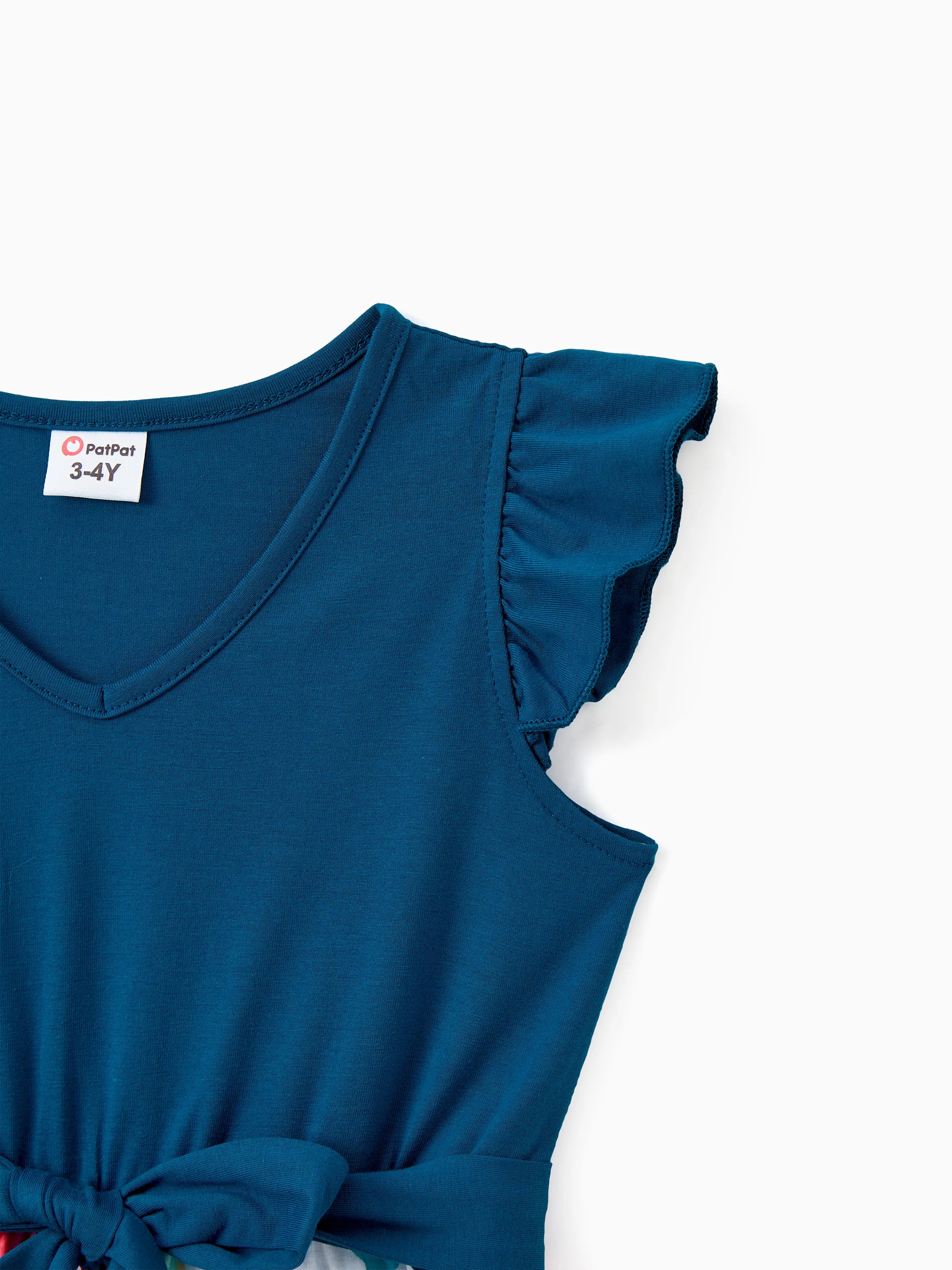 Family Matching Solid V Neck Flutter-sleeve Splicing Floral Print Dresses and Short-sleeve Colorblock T-shirts Sets Azure-