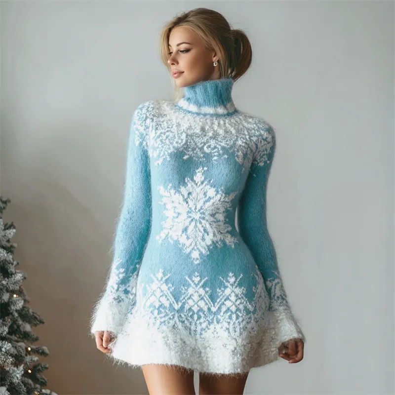 Classy Snowflakes Contrast Turtleneck Cozy Knit Sweater Dress
