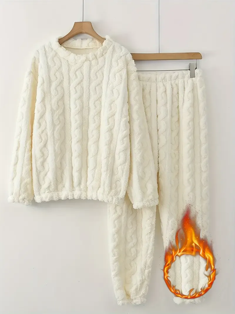 Women'S Cozy Plush Pajama Set - 100% Polyester Long Sleeve Crew Neck Loungewear with Solid Color Pullover Top and Long Pants for