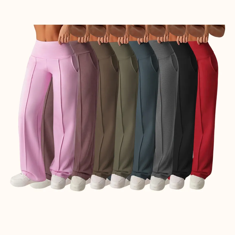 Women's Plain Loose Straight Leg Pants, Wide Leg High Waist Sporty Casual Sweatpants with Pockets