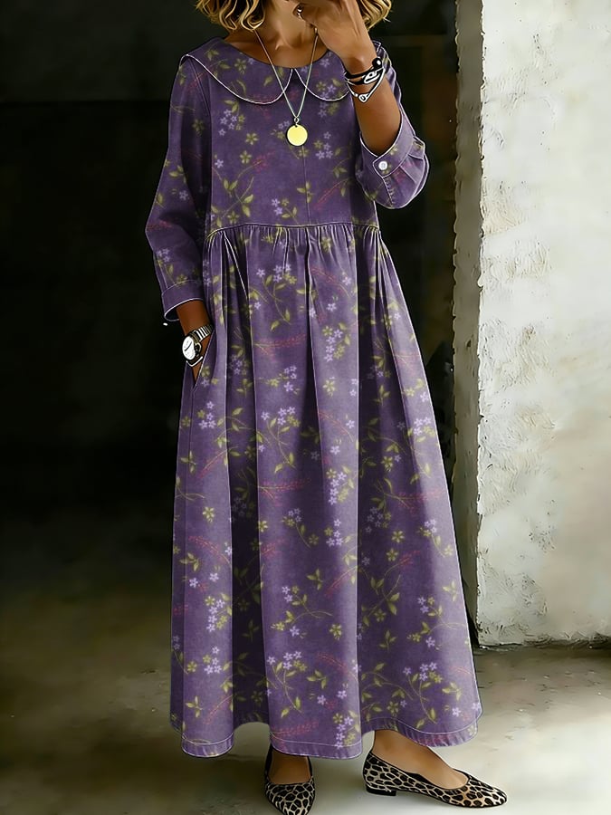 Women's Retro Botanical Floral Design Lapel Pocket Casual Dress- Fast Shipping