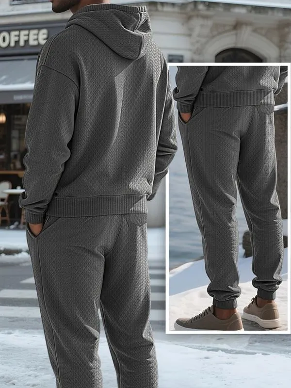 Two-piece men's solid color hooded sweatshirt and drawstring pants set